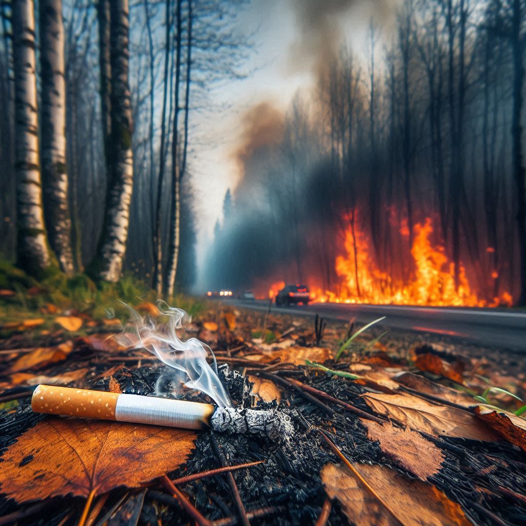 Cigarette jetée d'une fenêtre de voiture ayant provoqué un incendie au niveau d'une forêt contre la route